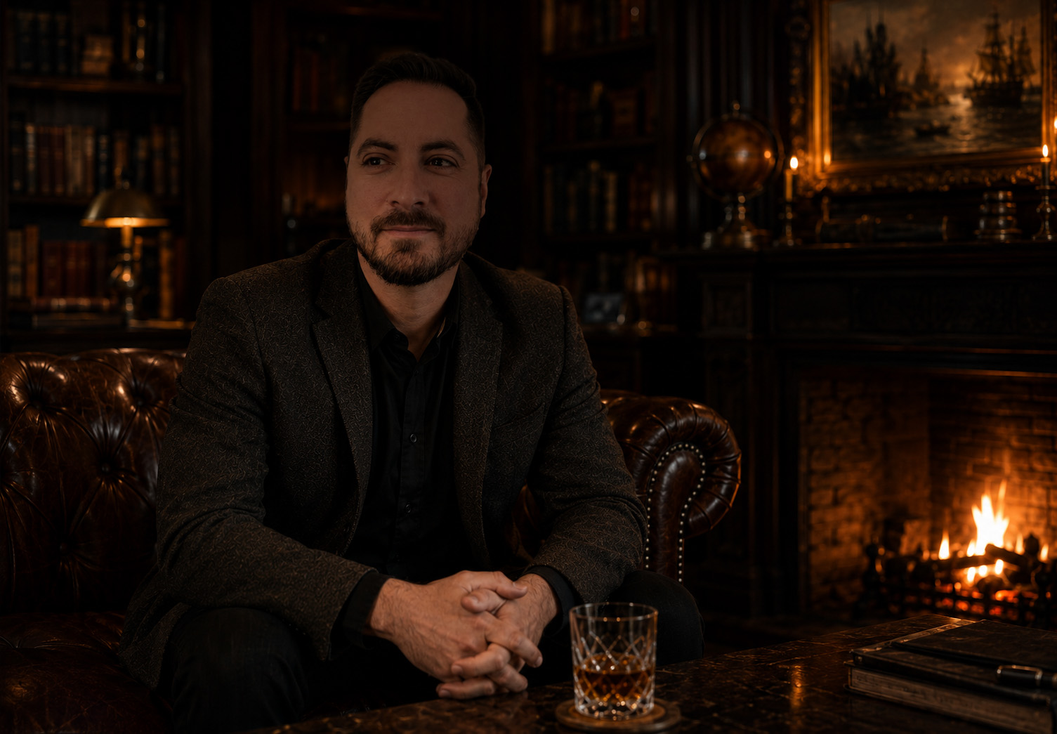 Matt Brayton seated in a warm study beside a fireplace