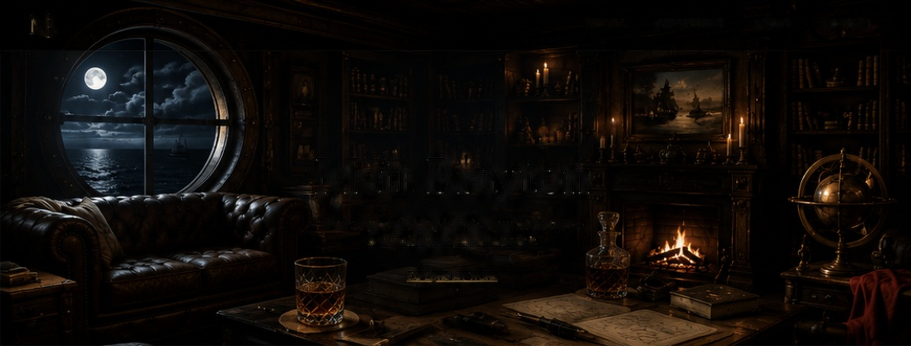 A warmly lit dark wood study with a circular moonlit ocean window, leather couch, fireplace, bourbon and books